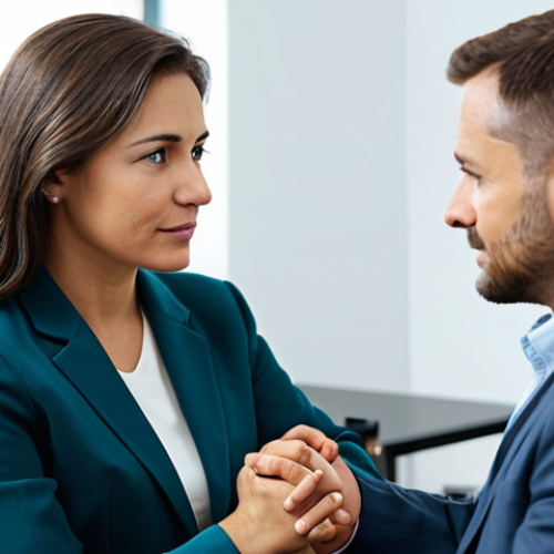 Home 11 A professional clinical psychologist, fully clothed in a modest business suit, is engaged in a focused one-on-one counseling session with a patient in a comfortable, modern therapy office. Both individuals are in appropriate attire, maintaining professional distance. The scene conveys active listening, empathy, and trust in a professional, family-friendly setting. safe for work, appropriate content, fully clothed, perfect anatomy, correct proportions, natural pose, well-formed hands, proper finger count, natural body proportions, professional photography, high quality.