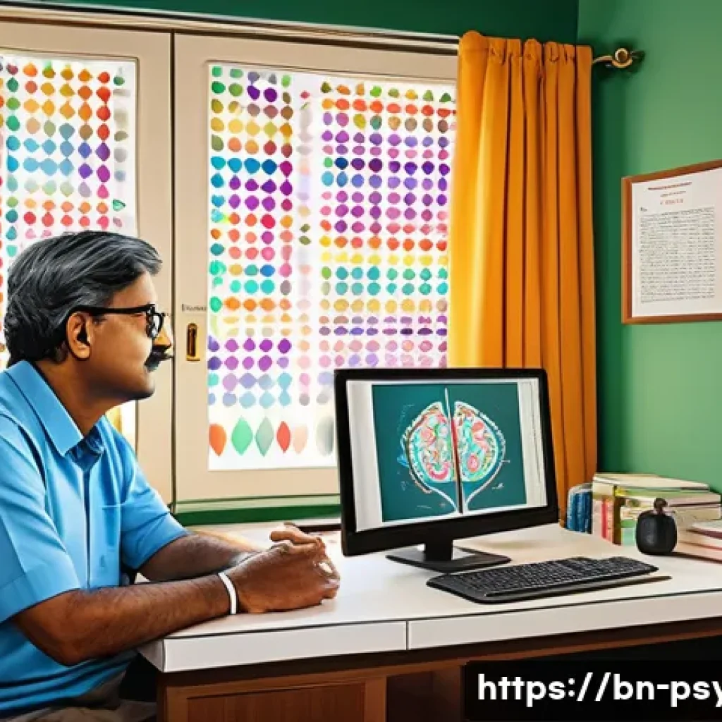 심리학 연구자료 분석 - A detailed, vibrant illustration of a Bengali psychologist's study room filled with traditional Beng...