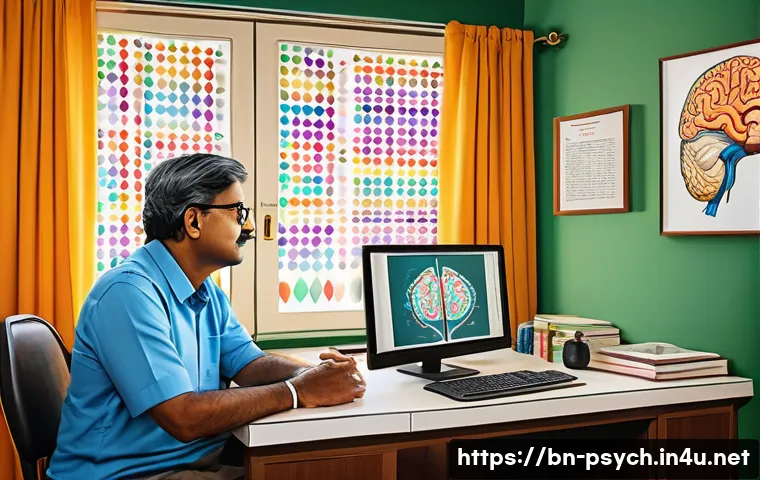 심리학 연구자료 분석 - A detailed, vibrant illustration of a Bengali psychologist's study room filled with traditional Beng...
