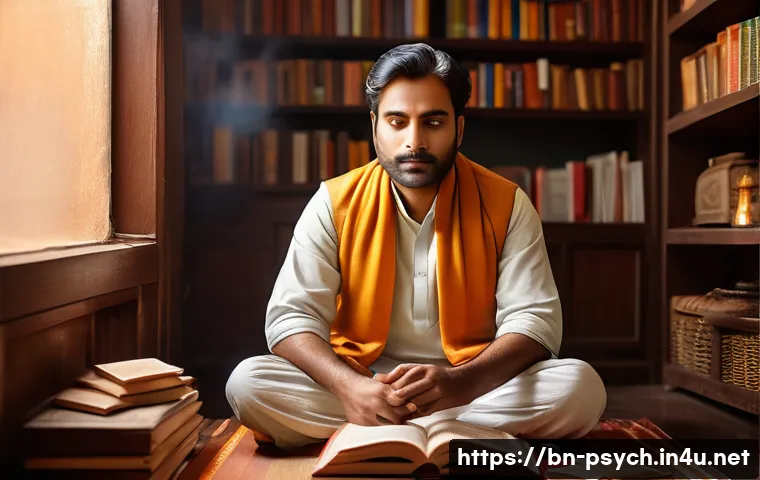 심리학 심리학개론 - A thoughtful Bengali man sitting in a cozy room filled with books and warm light, deeply engaged in ...