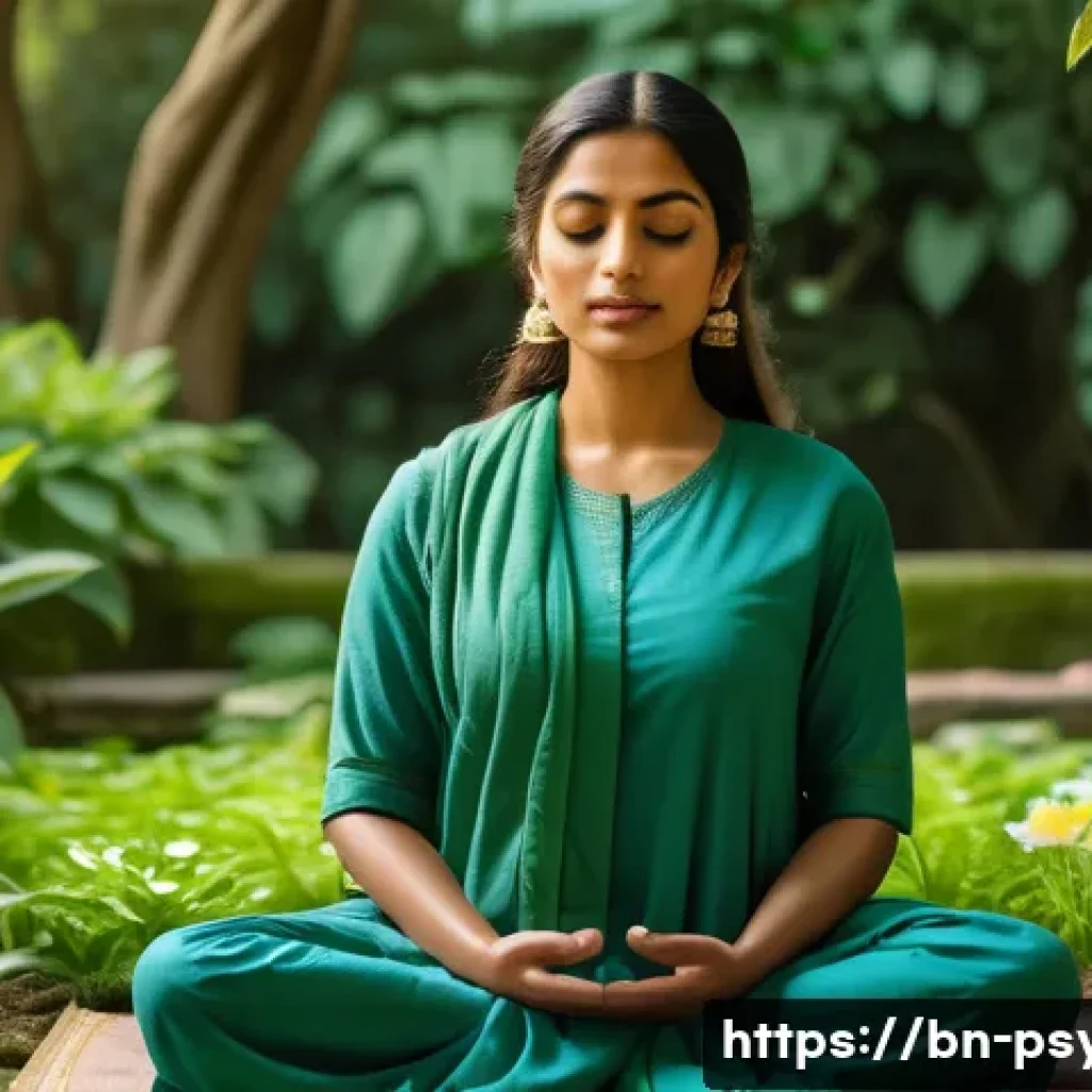 심리학 전공과목 - A serene scene depicting a Bengali woman practicing mindfulness meditation in a lush green garden du...