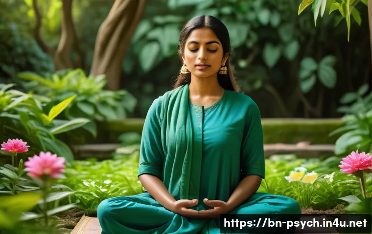 심리학 전공과목 - A serene scene depicting a Bengali woman practicing mindfulness meditation in a lush green garden du...