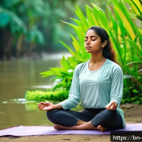 심리학 정신건강 치료법 - A serene scene of a young Bengali woman practicing mindfulness meditation outdoors near a lush green...