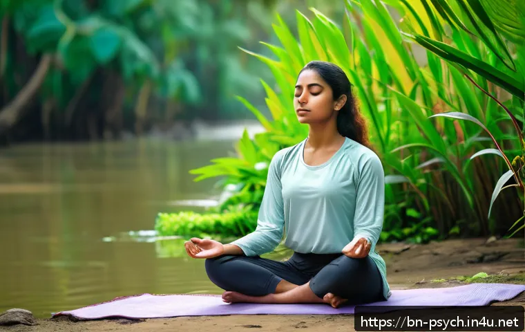 심리학 정신건강 치료법 - A serene scene of a young Bengali woman practicing mindfulness meditation outdoors near a lush green...