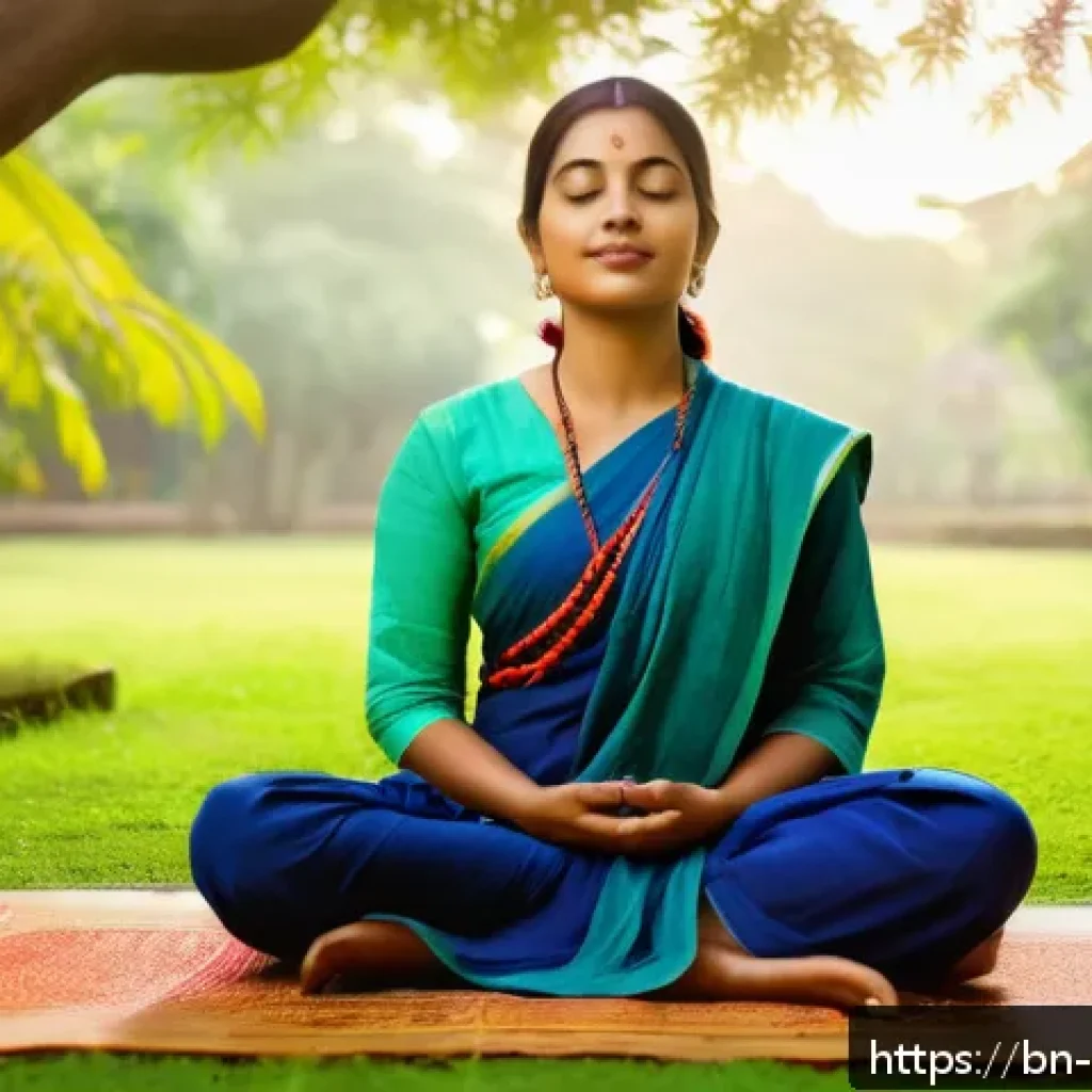 심리학 연구 성과 - A serene scene of a young Bengali woman practicing mindfulness meditation in a quiet, lush green gar...