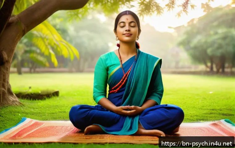 심리학 연구 성과 - A serene scene of a young Bengali woman practicing mindfulness meditation in a quiet, lush green gar...