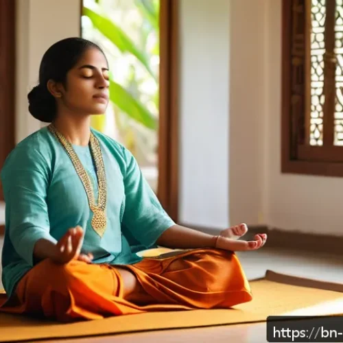 심리학 공부법 - A serene and focused Bengali young adult woman practicing mindfulness meditation in a peaceful, sunl...