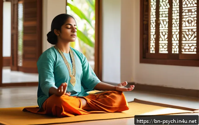 심리학 공부법 - A serene and focused Bengali young adult woman practicing mindfulness meditation in a peaceful, sunl...