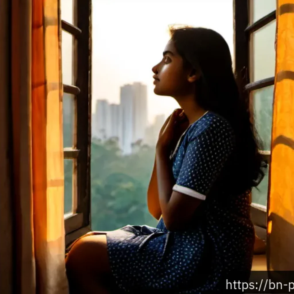 감정과 감정조절 - Photorealistic scene in a quiet Dhaka apartment at golden hour, a young Bengali woman seated beside ...