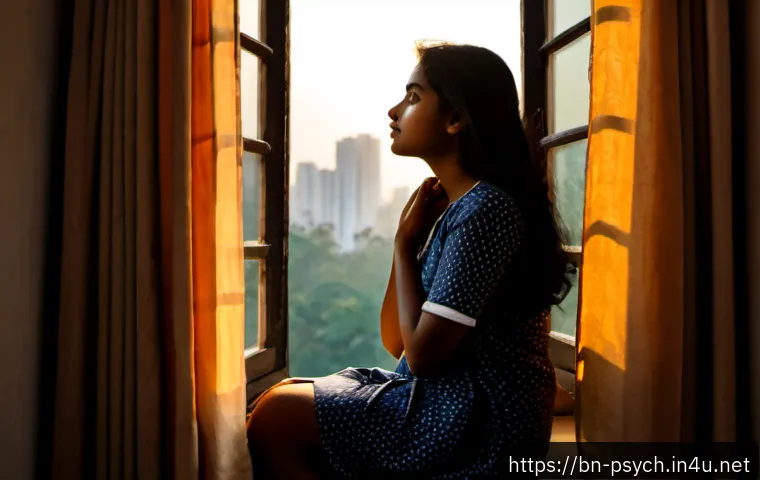 감정과 감정조절 - Photorealistic scene in a quiet Dhaka apartment at golden hour, a young Bengali woman seated beside ...