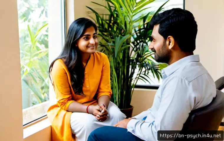 심리학과 정신건강 치료 - Photorealistic mental health therapy session in a calm modern counseling office, Bengali South Asian...