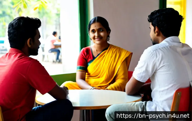 사회적 심리학 - Photorealistic social psychology scene in a bright modern community café, a diverse group of Bengali...